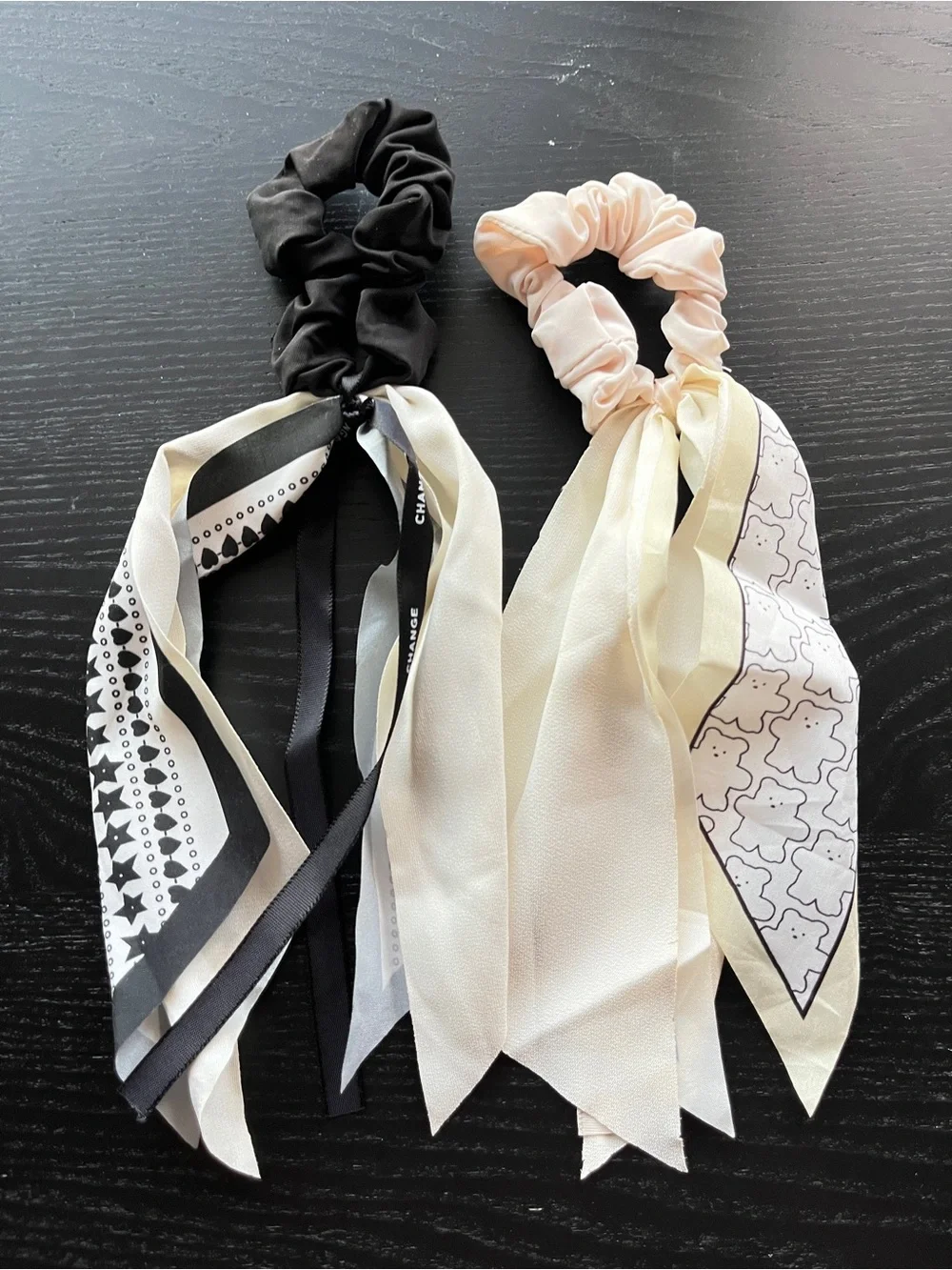 Black and Blush Scarf Scrunchie Hair Ties Set Bow Ribbon Black White Cream Lot